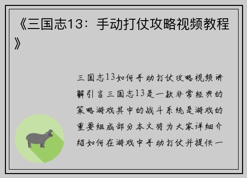 《三国志13：手动打仗攻略视频教程》